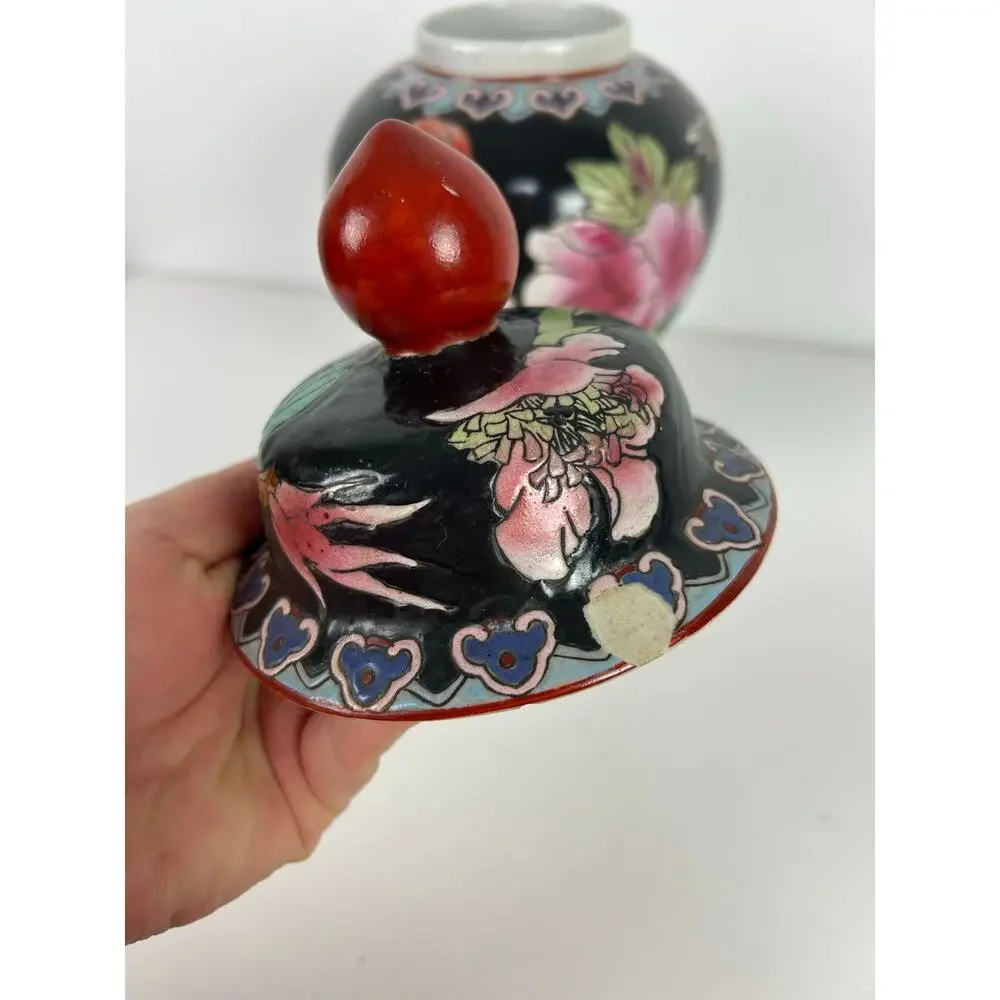 Vintage Japanese Hand Painted Ginger Jar w/ Lid Birds Florals Pottery Vase
